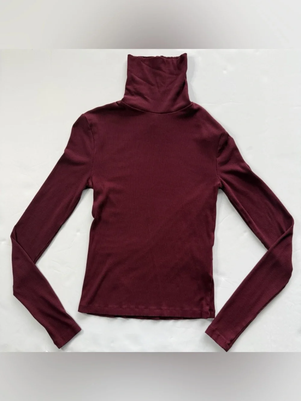 H&M Ribbed Turtleneck Shirt Fitted Viscose Long Sleeves Burgundy Size S